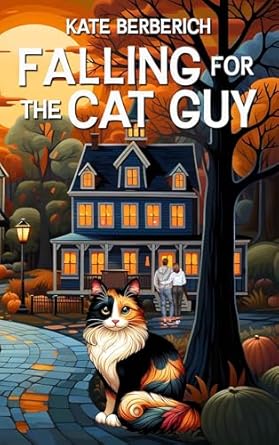 Book cover of 'Falling for the Cat Guy' with a cat, house, and people in a Halloween-themed setting.