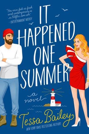 It Happened One Summer paperback novel by Tessa Bailey, romantic comedy book cover with illustrated couple and lighthouse
