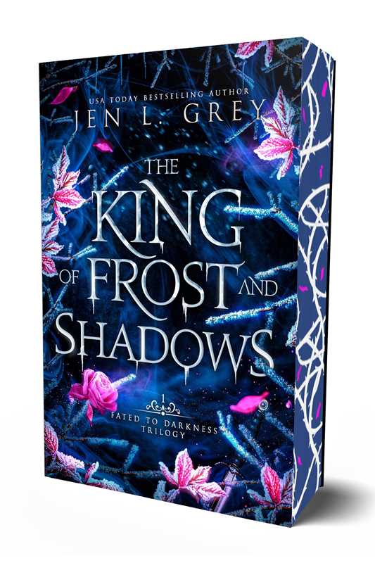 The King of Frost and Shadows paperback by Jen L. Grey with dark blue frosted branch cover art