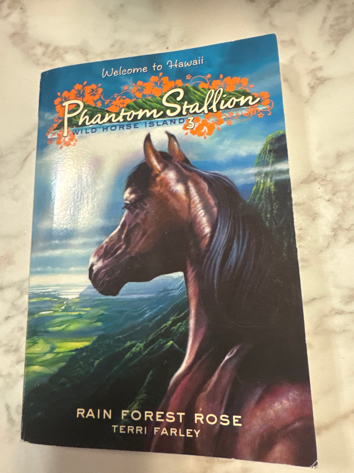 Phantom Stallion Wild Horse Island paperback book by Terri Farley featuring brown horse and Hawaiian mountains
