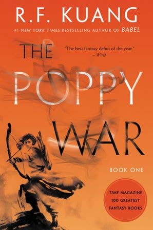 The Poppy War paperback by R.F. Kuag with orange cover and bow illustration