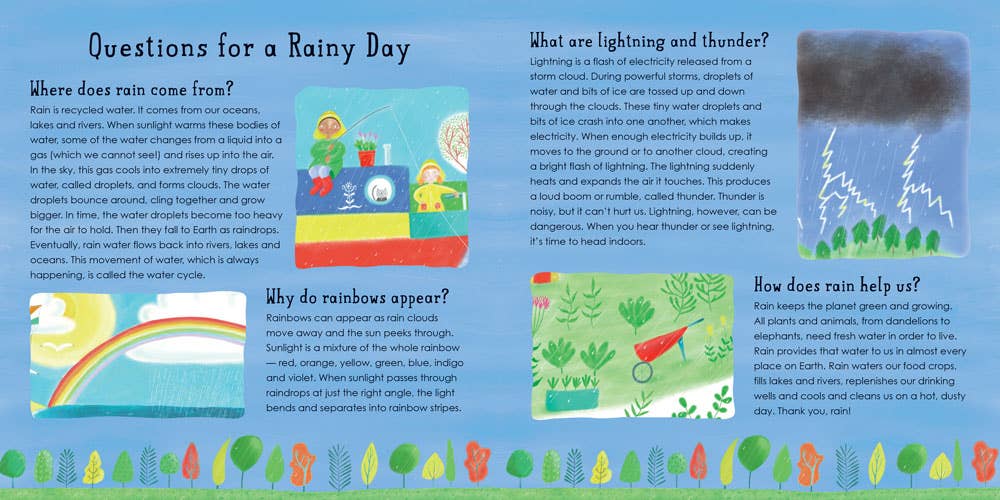 Children's book page about rain and lightning with illustrations and text.