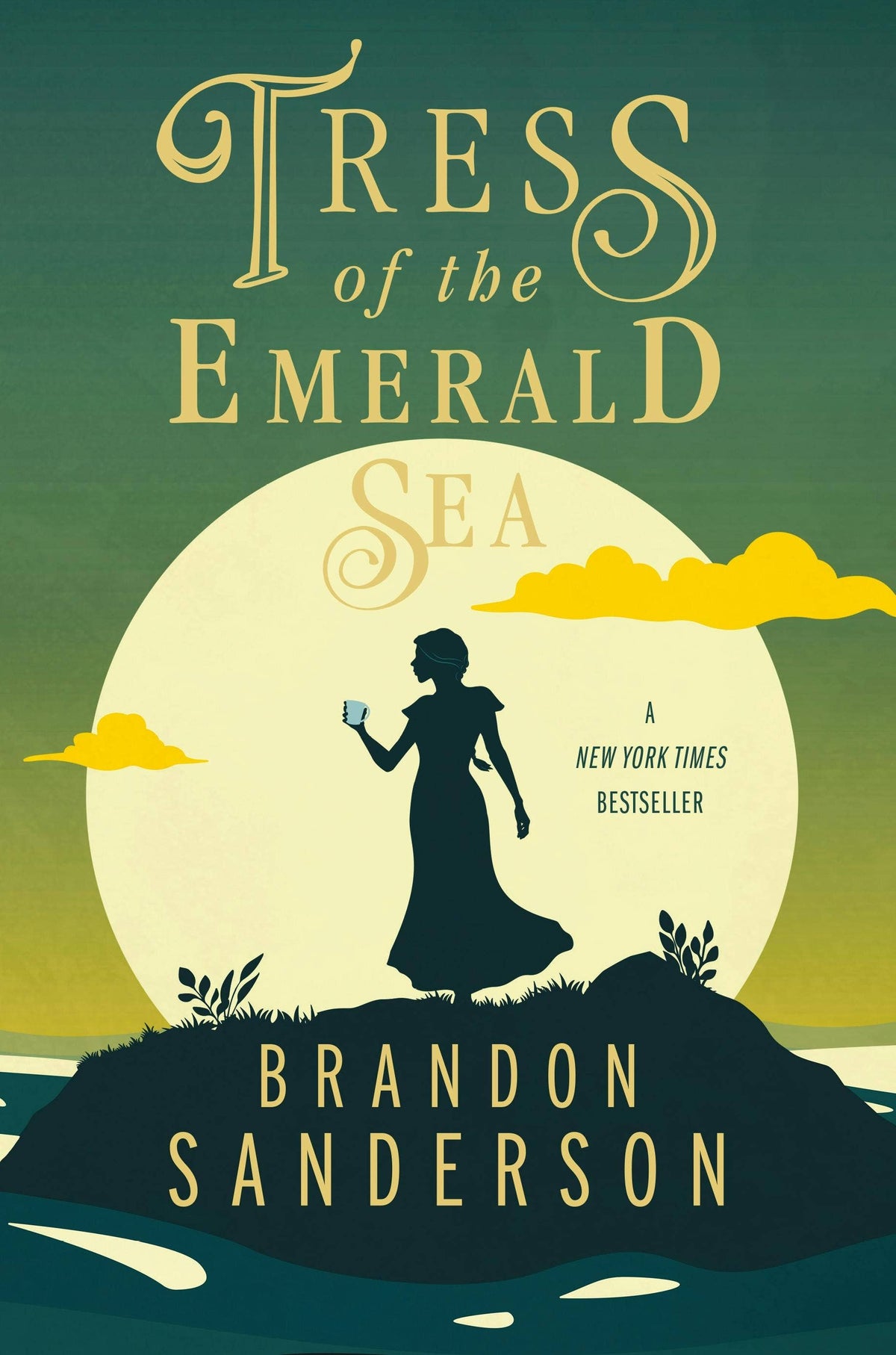 Tress of the Emerald Sea trade paperback by Brandon Sanderson, Cosmere novel cover with teal silhouette and gold title