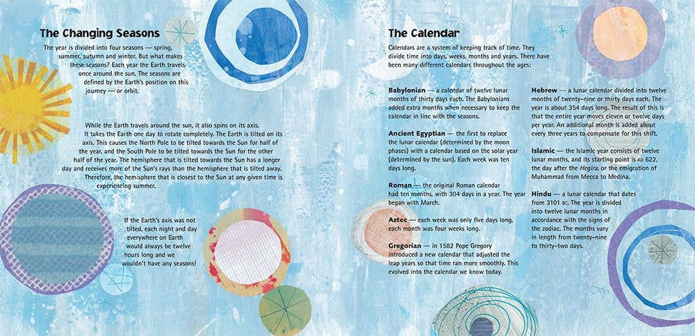 Educational brochure about the changing seasons and calendar systems with colorful illustrations.