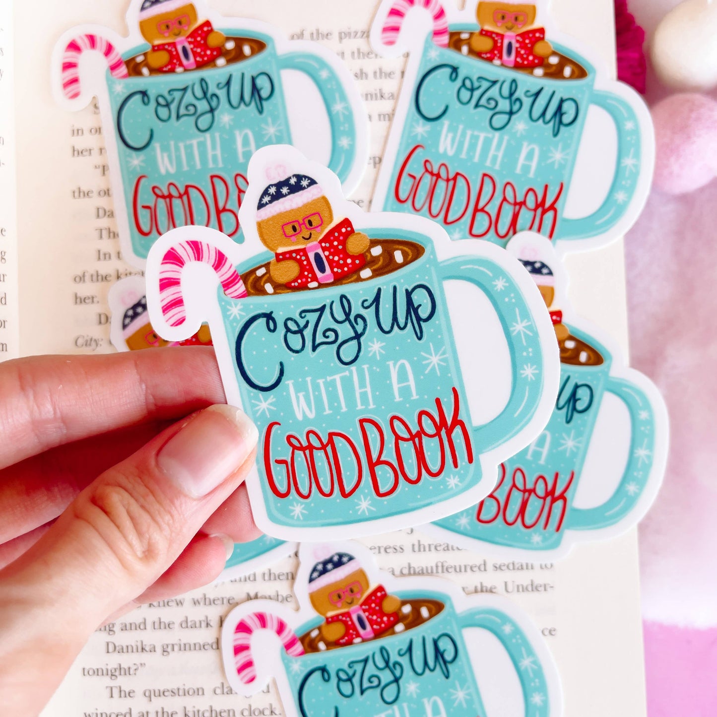 Cozy Up with a Good Book Hot Cocoa Christmas Vinyl Sticker: No packaging