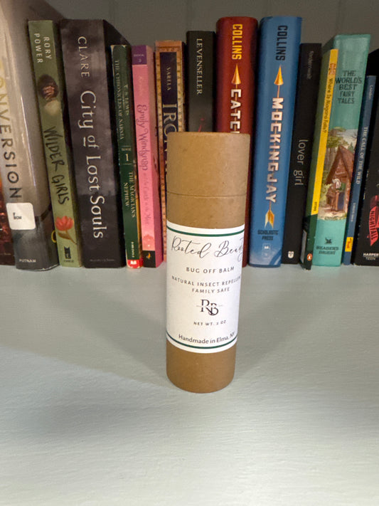 Rooted Beauty Bug Off Balm in kraft tube, natural insect repellent for family safe protection