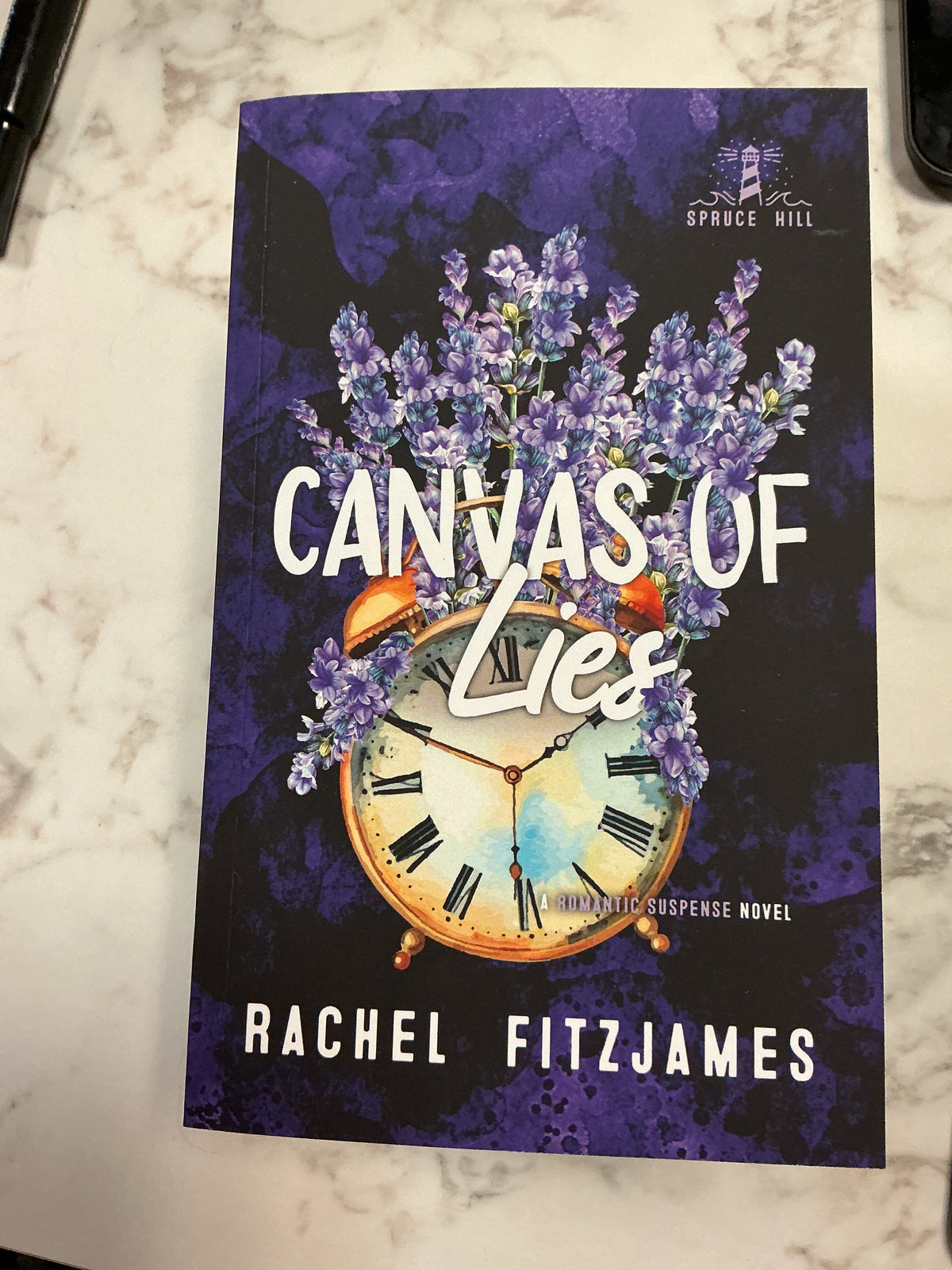 Canvas of Lies paperback romantic suspense novel by Rachel Fitzjames with vintage clock and lavender cover art
