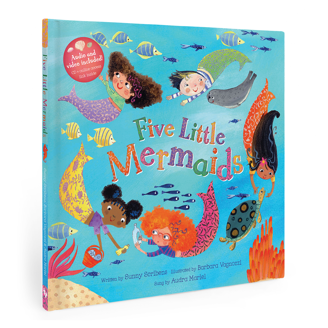Children's book titled 'Five Little Mermaids' with colorful illustrations on a blue background.