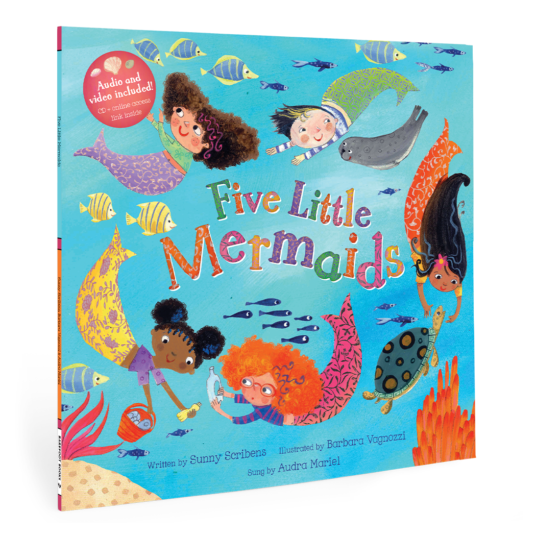 Book cover of 'Five Little Mermaids' with mermaid illustrations on a blue background