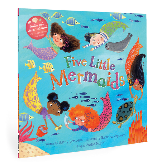 Book cover of 'Five Little Mermaids' with mermaid illustrations on a blue background
