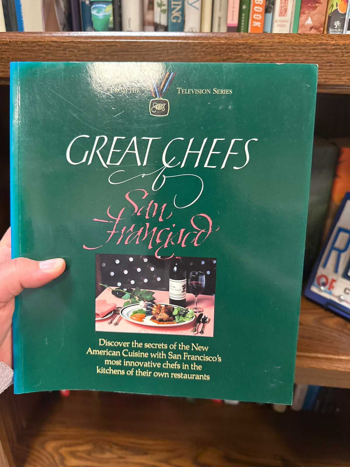 Great Chefs of San Francisco green hardcover cookbook with inset food photo