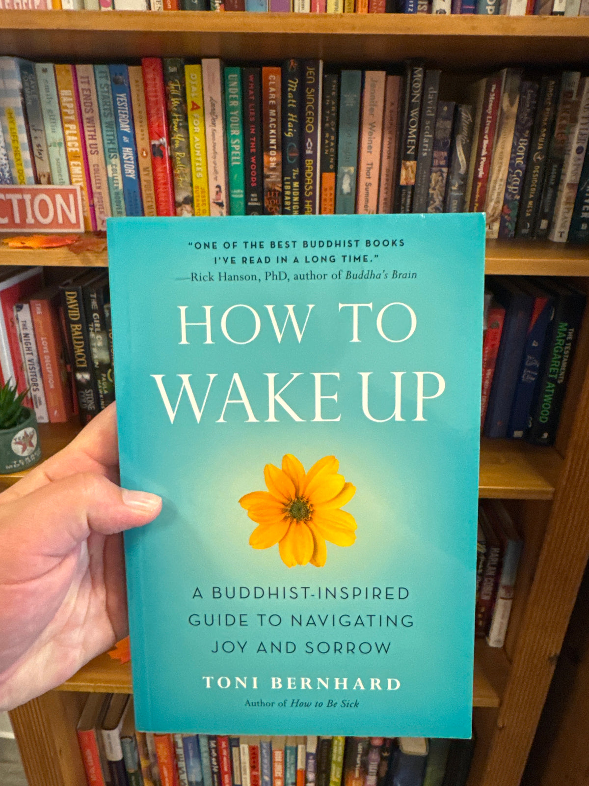 How to Wake Up hardcover book by Toni Bernhard with teal cover and yellow flower