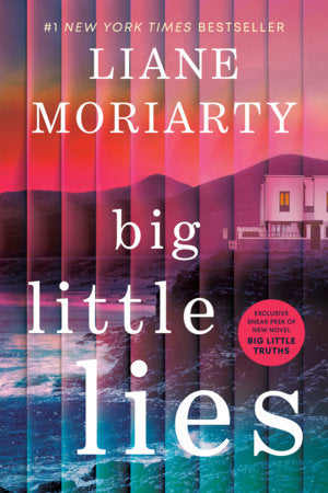 Big Little Lies paperback book by Liane Moriarty with pink and blue striped cover