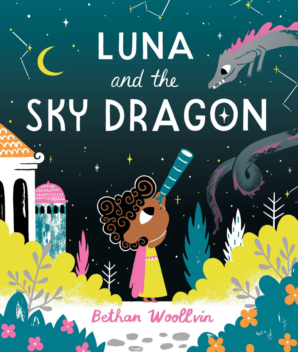 Luna and the Sky Dragon children's book cover featuring stargazing adventure with teal night sky and grey dragon