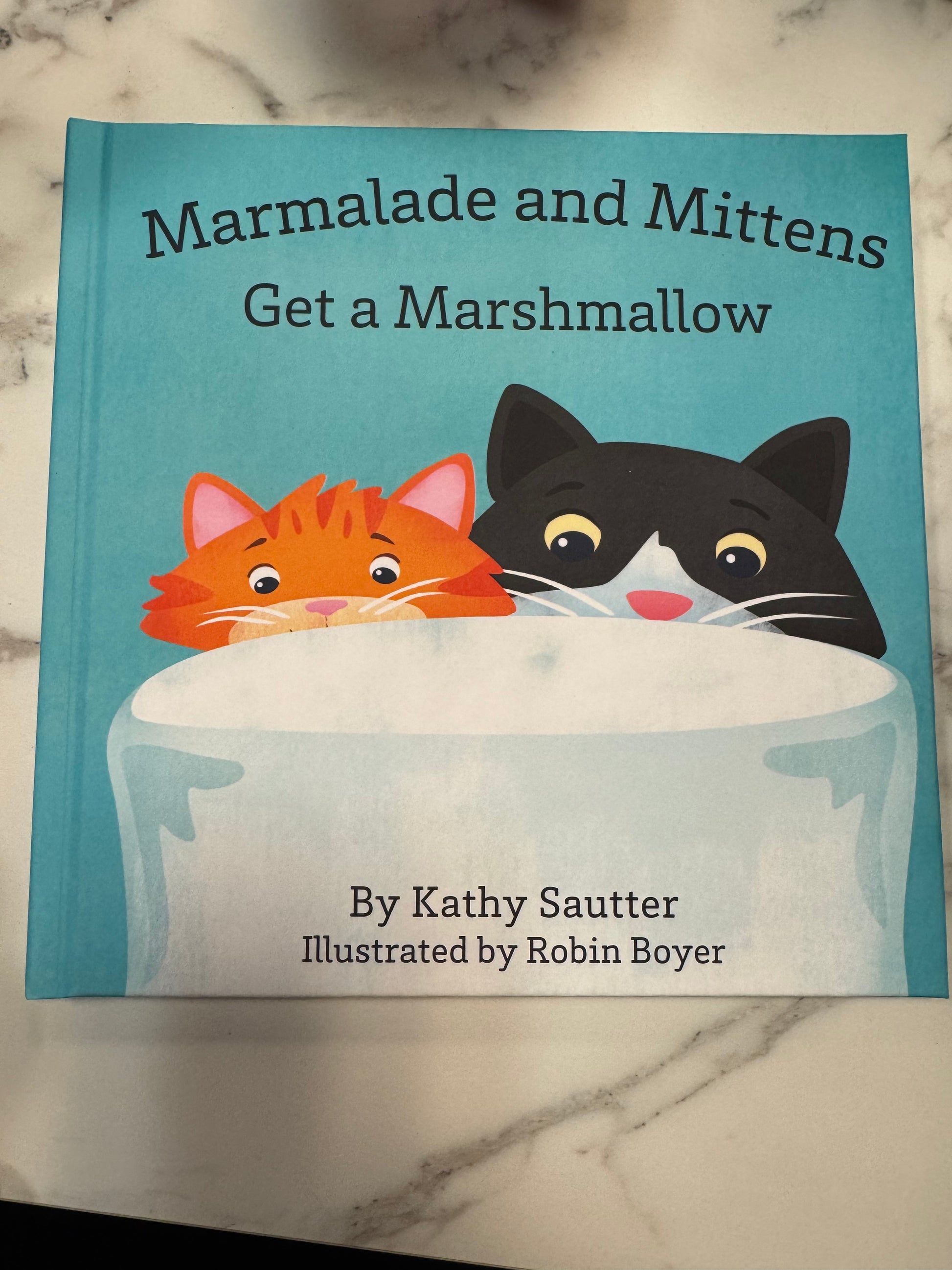 Marmalade and Mittens Get a Marshmallow teal hardcover children's book with cat illustration