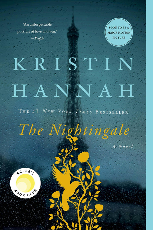 The Nightingale trade paperback novel by Kristin Hannah with blue raindrop cover and nightingale illustration