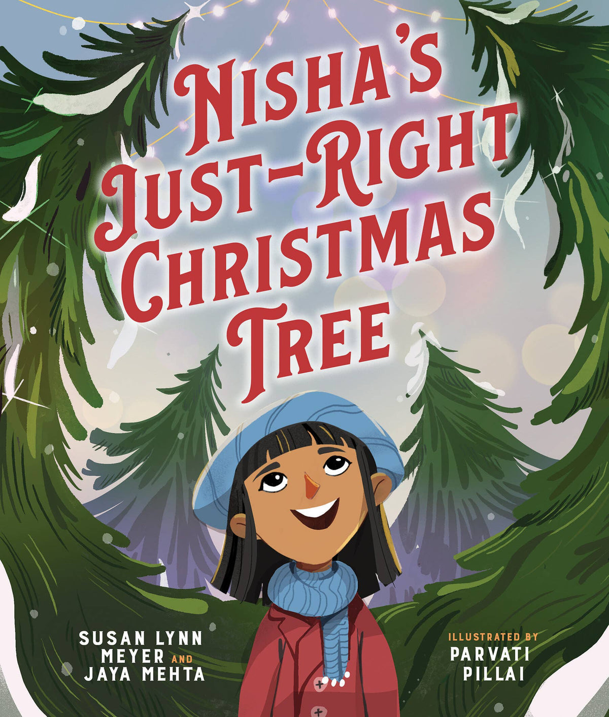 Nisha's Just-Right Christmas Tree Picture Book cover featuring young girl in winter coat and scarf
