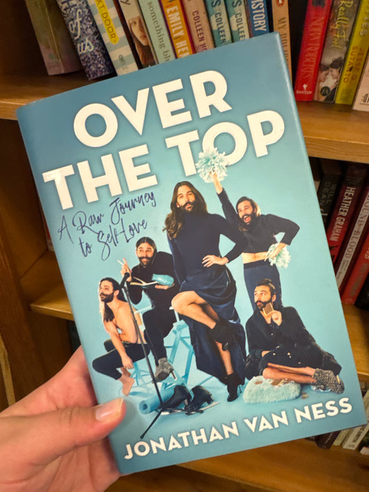 Over The Top hardcover book by Jonathan Van Ness with white title and black outfit poses