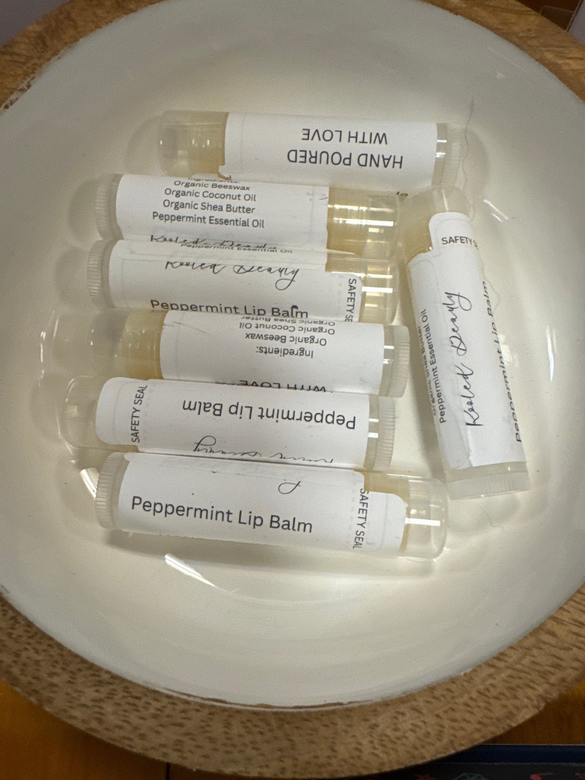 Rooted Beauty Peppermint Lip Balm in clear tubes with white labels