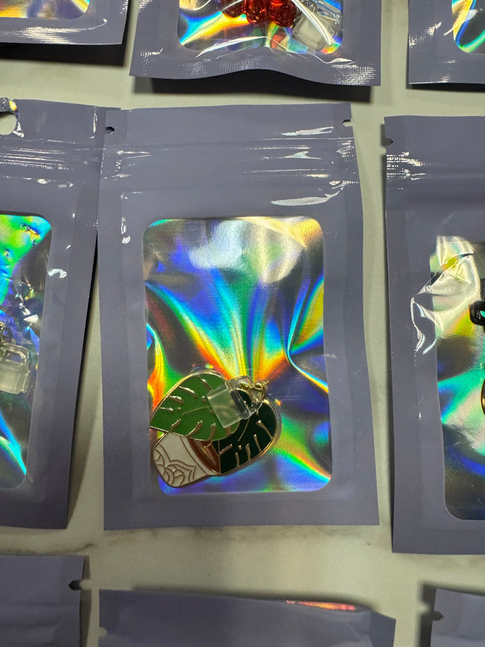 Holographic package with Leaf-Shaped Kindle Charm in it