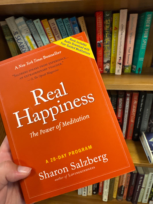 Real Happiness The Power of Meditation hardcover book by Sharon Salzberg with audio download sticker