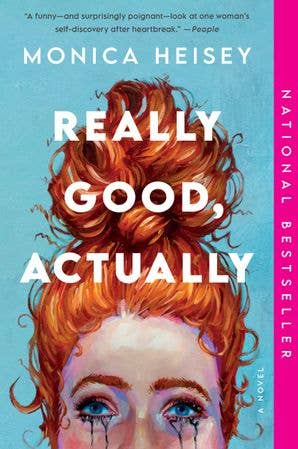 Really Good Actually paperback by Monica Heisey with blue cover and red hair illustration
