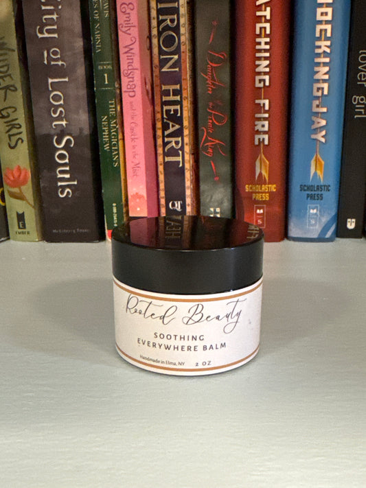 Rooted Beauty Soothing Everywhere Balm in 2 oz cream jar with black lid