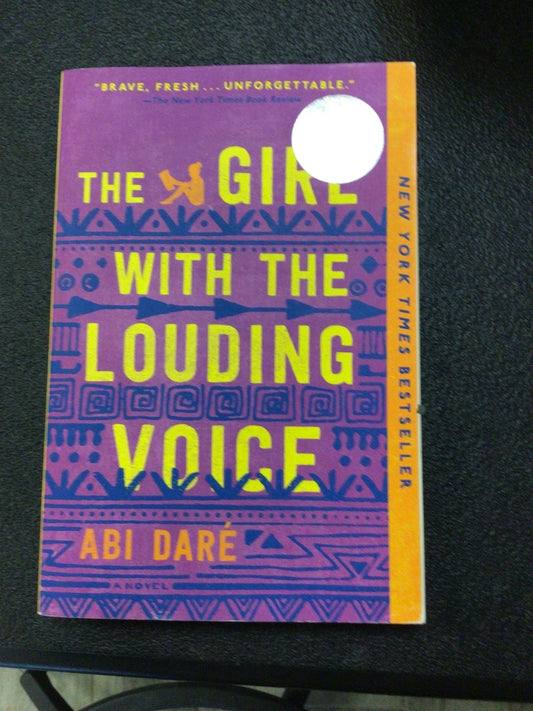 The Girl with the Louding Voice paperback by Abi Daré, purple cover with yellow title and blue geometric patterns