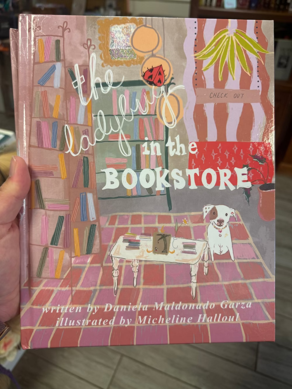A hand holds a hardcover book titled "The Ladies in the Bookstore" with colorful illustrated cover art showing bookshelves, a dog, and a table. The cover has pink, orange, green, and white tones, and the text at the bottom credits Daniela Maldonado Garza as the writer and Micheline Halloul as the illustrator.