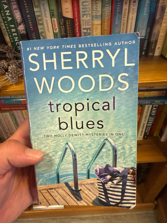 Tropical Blues paperback by Sherryl Woods, Molly DeWitt mystery novel cover with pool ladder illustration