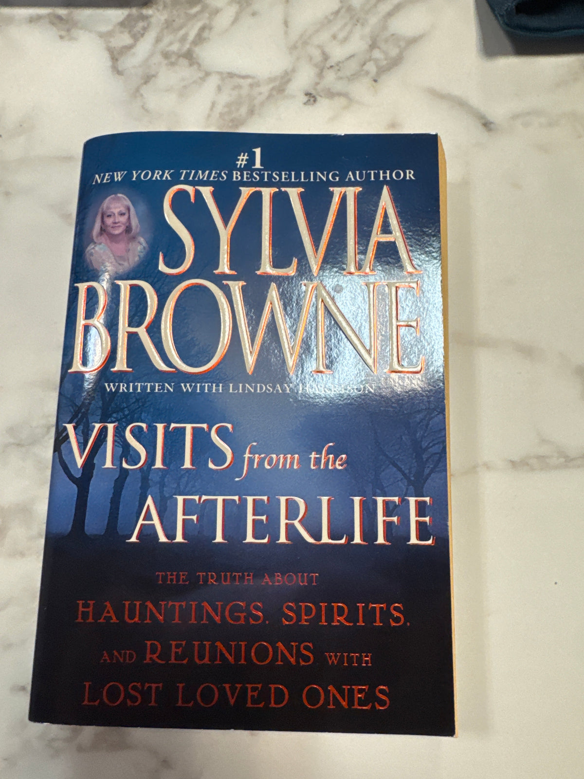 Visits from the Afterlife hardcover book by Sylvia Browne with dark blue cover and tree silhouettes