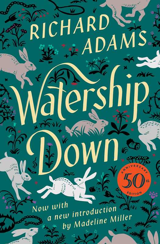 Watership Down paperback book teal cover with rabbit illustrations and 50th Anniversary Edition badge