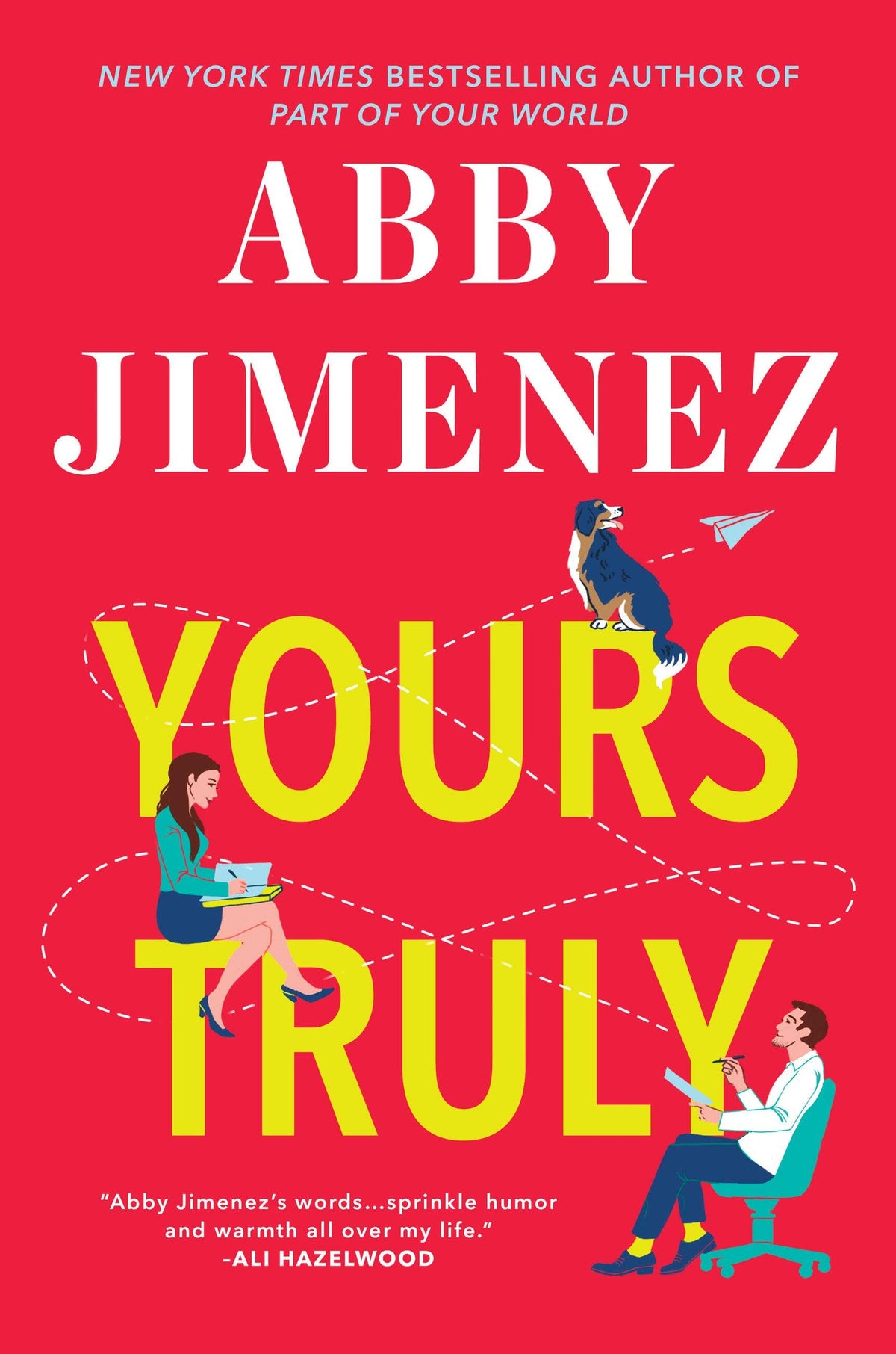 Yours Truly romance novel by Abby Jimenez with red cover and teal blazer illustration