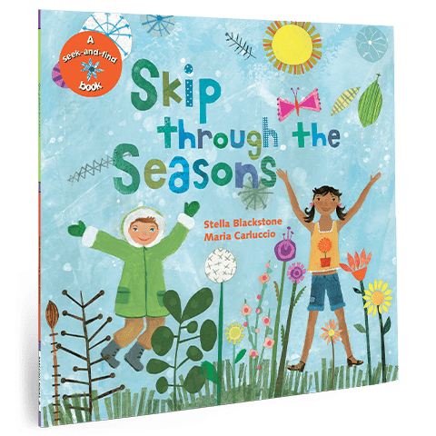 Book cover of 'Skip through the Seasons' with two children and seasonal elements.