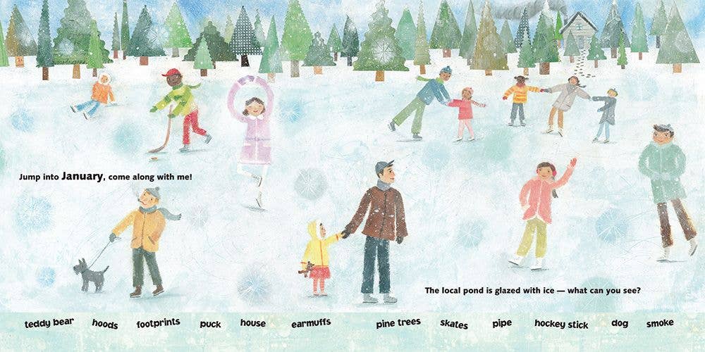 Illustration of people enjoying winter activities on a snowy day with trees and snowflakes.