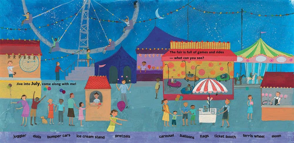 Illustration of a fair with various stalls and people, set against a blue sky with stars and a moon.